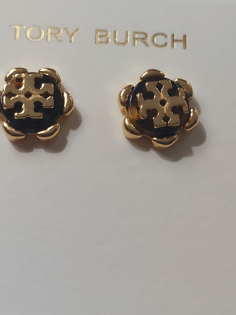 Tory Burch Gold and Black Flower Logo Stud Earrings